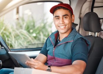 Man, van or tablet in delivery logistics, ecommerce shipping or Man, van or tablet in delivery logistics, ecommerce shipping or online shopping transport managemen.